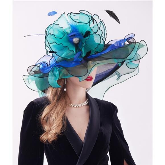 Women\'s Organza Derby Hat Wide Brim Sun Hats Dual-use, Blue and Green